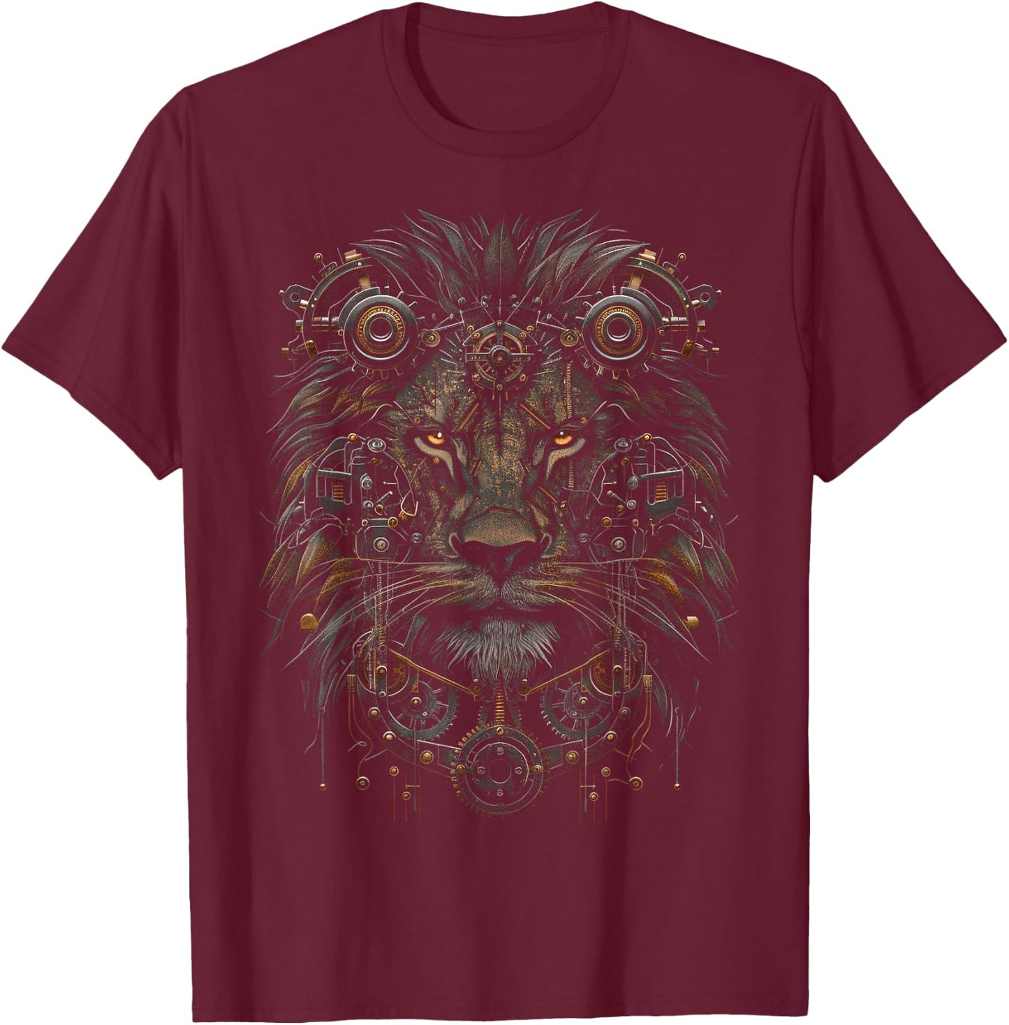 Steampunk Lion Bronze And Black Artwork Graphic T-Shirt - T-Shirt | Maroon
