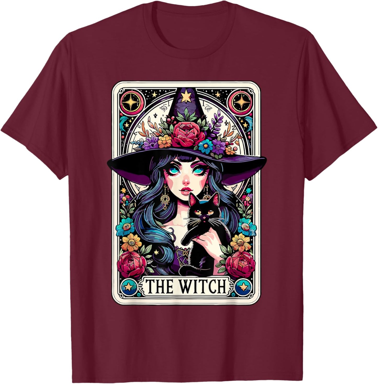 The Witch Tarot Card Halloween Gothic Witchy Vibes Black Cat T-Shirt - T-Shirt | Maroon