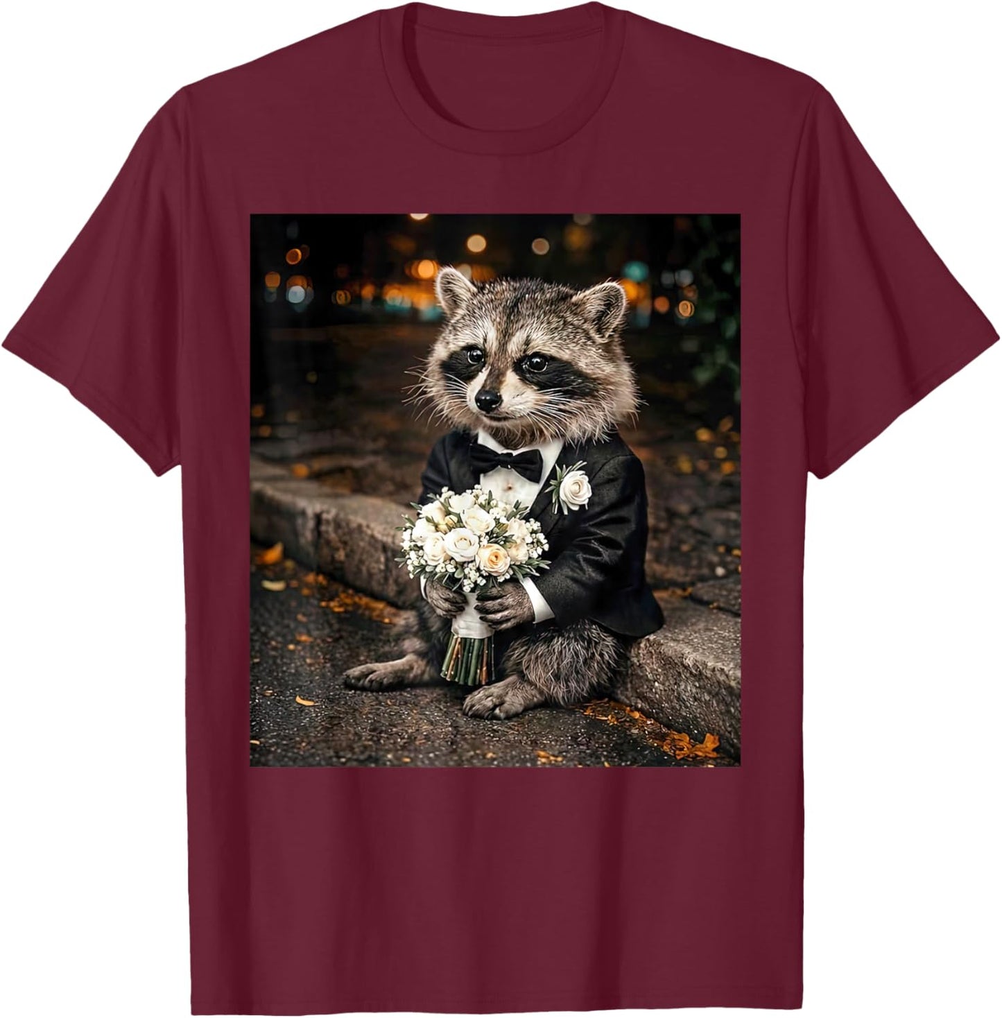 Feral Raccoon Groom Engaged Funny Wedding Party Selfie Meme T-Shirt - T-Shirt | Maroon