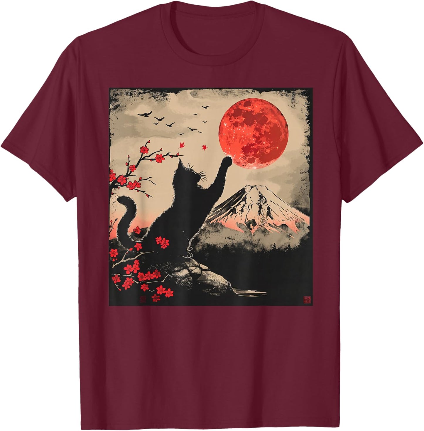 Vintage Japan Art Japanese Theme Retro Print Black Cat T-Shirt - T-Shirt | Maroon