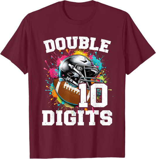 10th Birthday Boy Double Digits 10 Year Old Football T-Shirt - T-Shirt | Maroon
