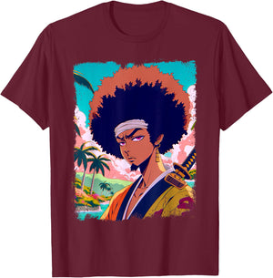 Afro-American Samurai Anime Manga Fighter Japanese Graphic T-Shirt - T-Shirt | Maroon