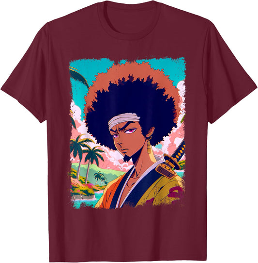 Afro-American Samurai Anime Manga Fighter Japanese Graphic T-Shirt - T-Shirt | Maroon