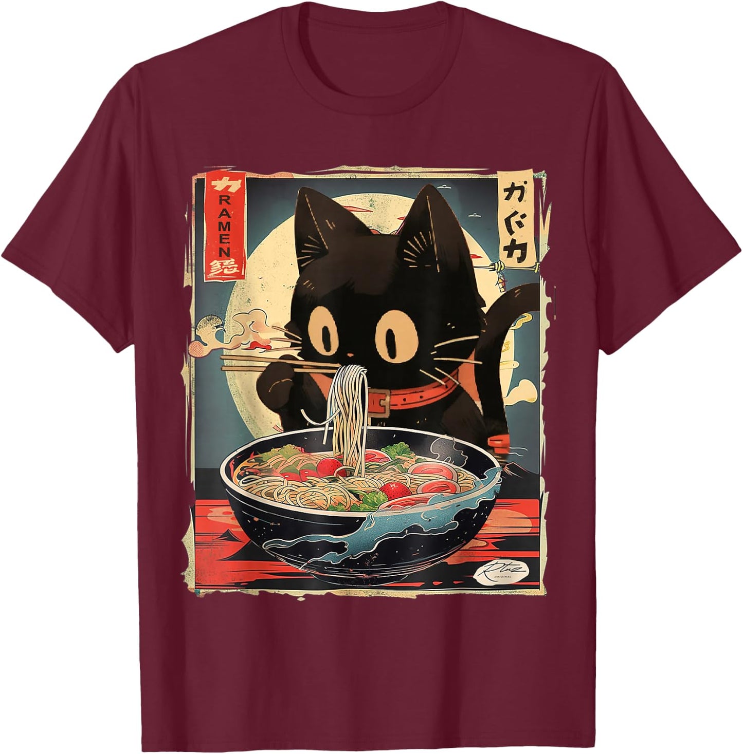 Cat Ramen Manga Anime for Kids Boys Girls Teens Kawaii Cat Eating Ramen Noodles Anime Gift Girls Teens T-Shirt - T-Shirt | Maroon