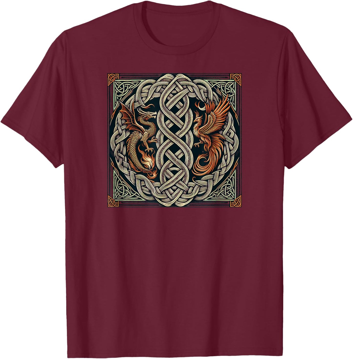 Intricate Celtic Knot with Dragon and Phoenix T-Shirt - T-Shirt | Maroon