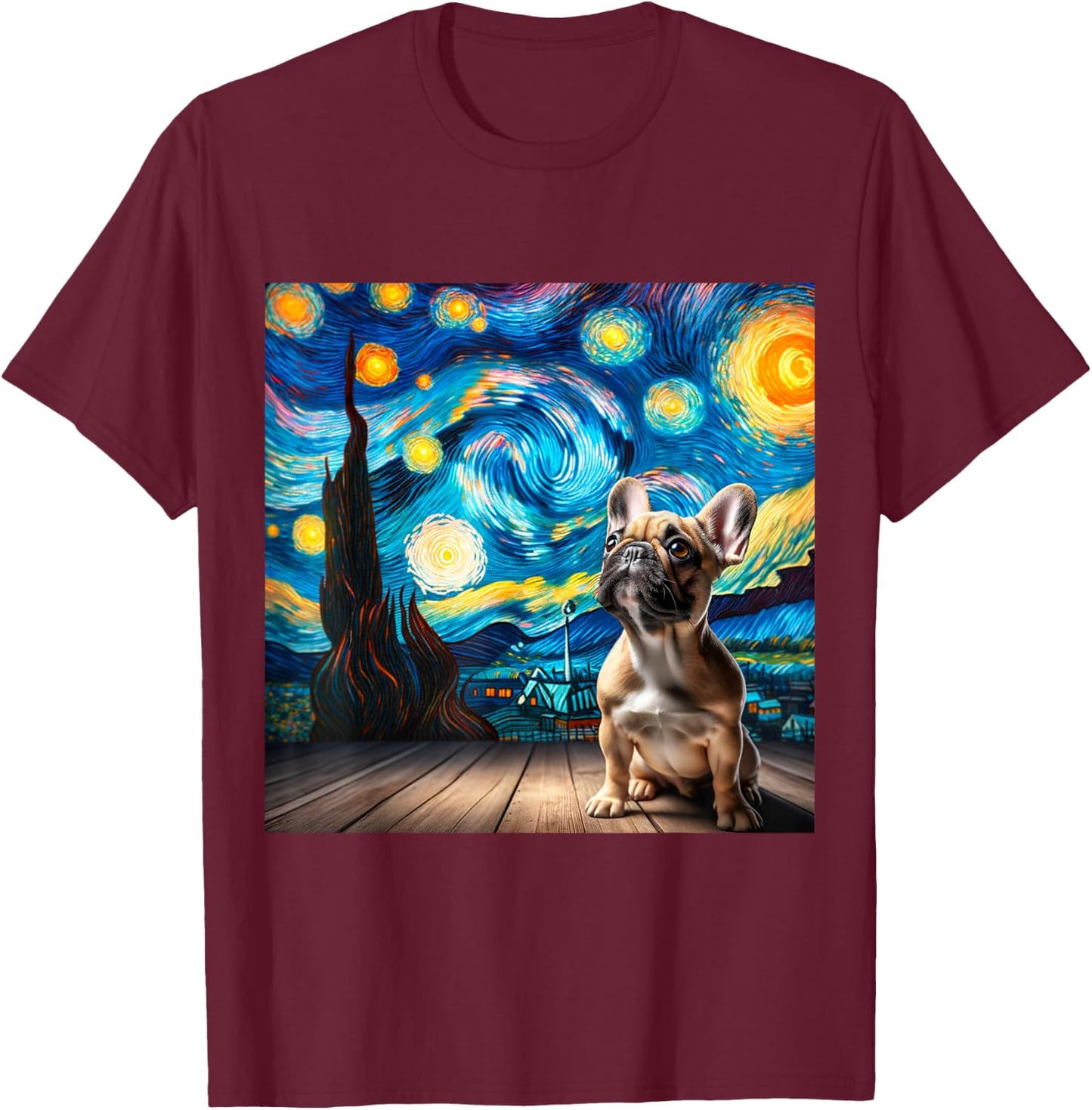 French Bulldog Starry Night Shirt Vincent Van Gogh Frenchie Women Kids T-Shirt - T-Shirt | Maroon