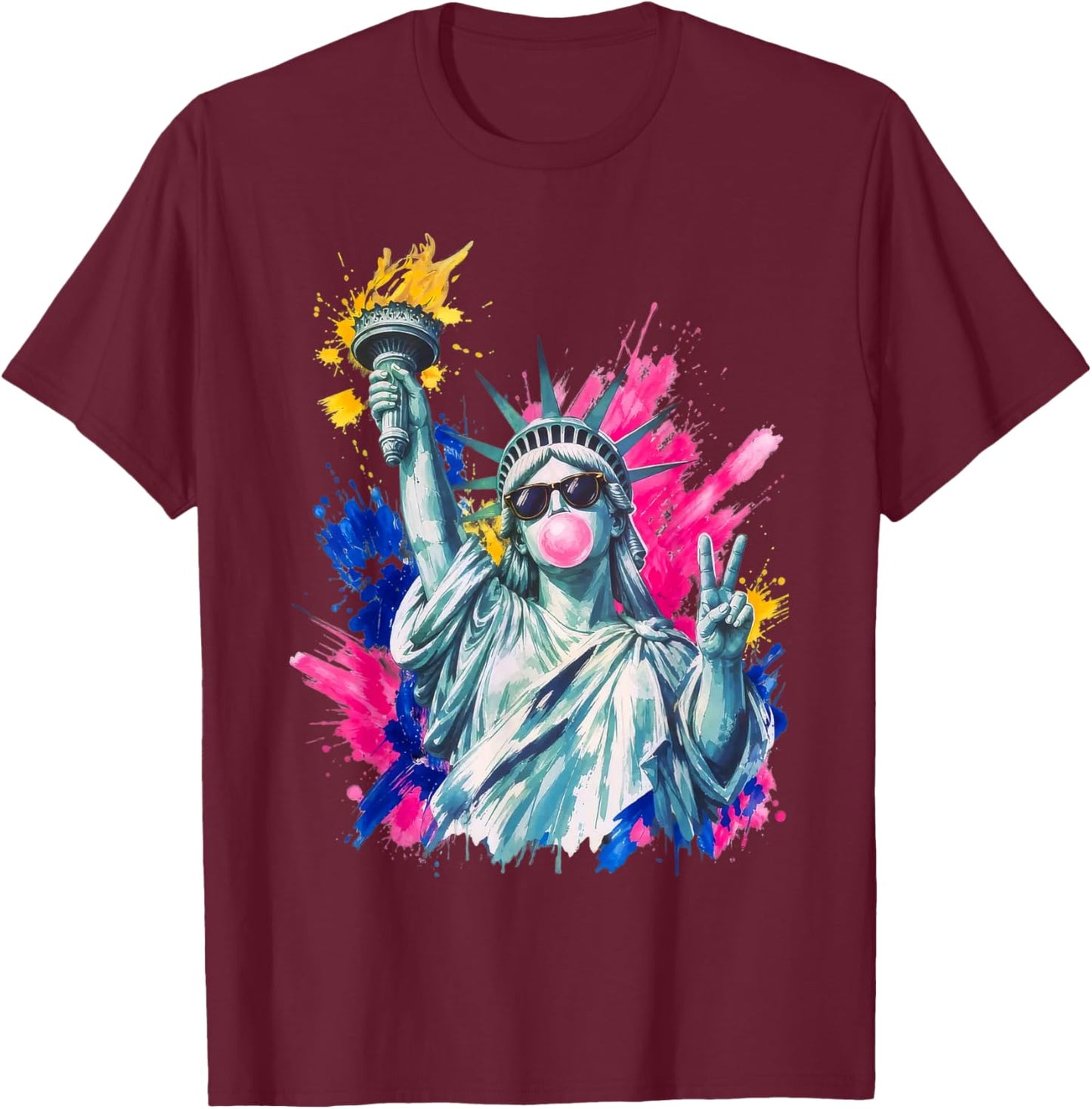 Preppy Statue of Liberty Blowing Bubble Gum 4th of July T-Shirt - T-Shirt | Maroon