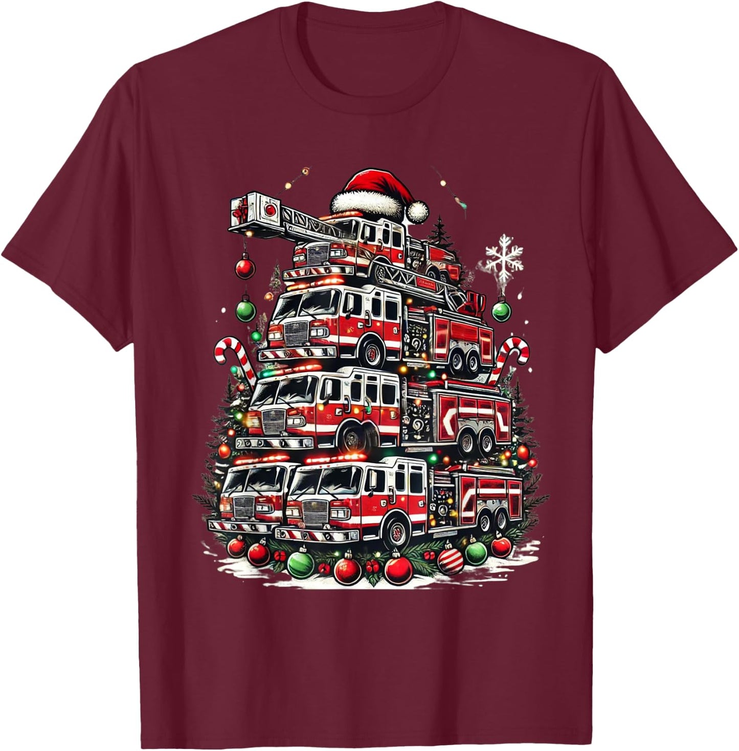 Firefighter Fire Truck Christmas Tree Lights Santa Fireman T-Shirt - T-Shirt | Maroon