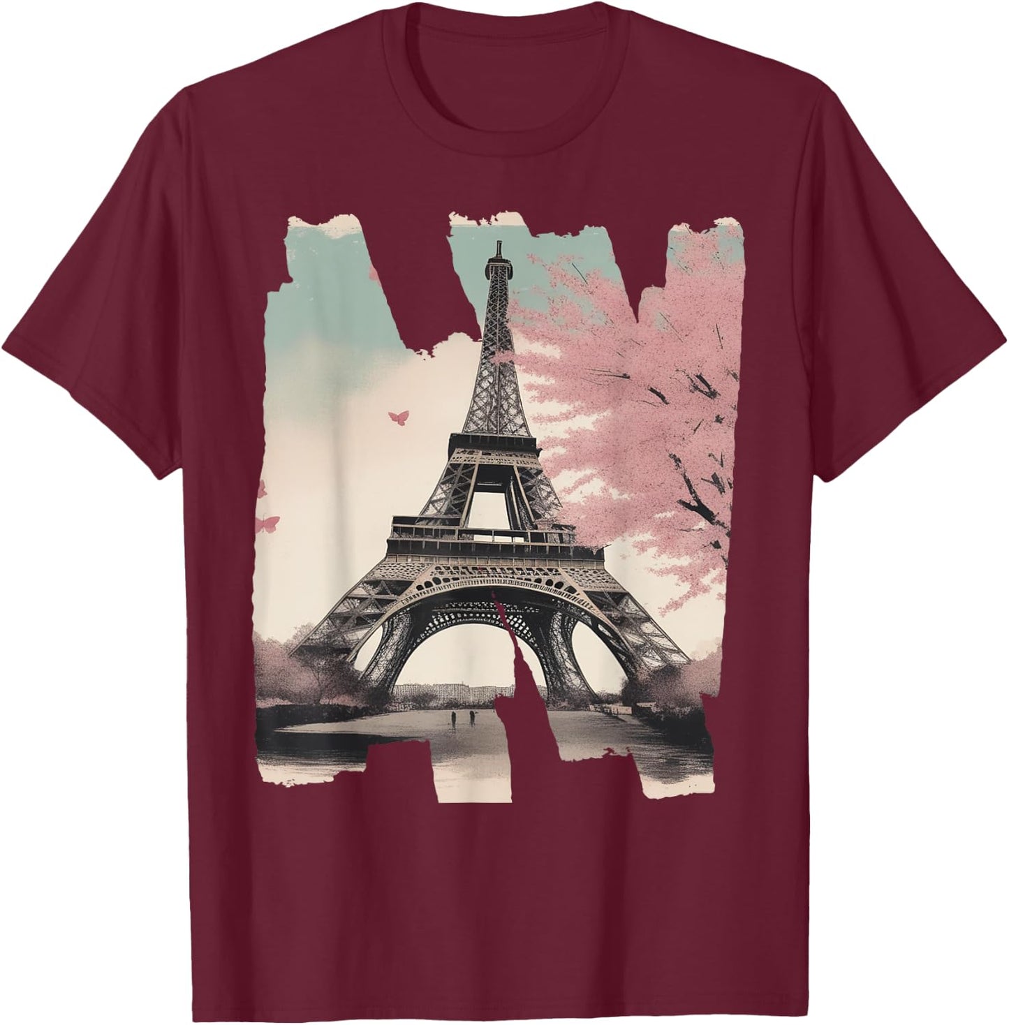 Eiffel Tower Souvenir Paris Cherry Blossom Bonjour French T-Shirt - T-Shirt | Maroon