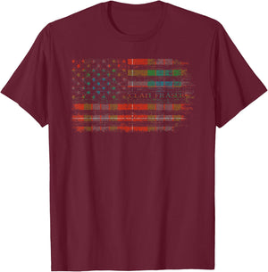 Clan Fraser Scottish tartan US flag kilt Scotland T-Shirt - T-Shirt | Maroon