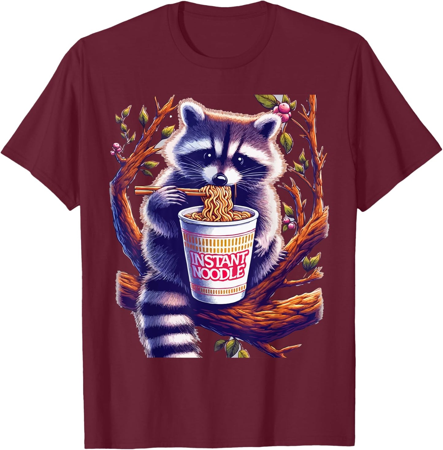 Raccoon Eating Instant Noodle Cup T-Shirt - T-Shirt | Maroon