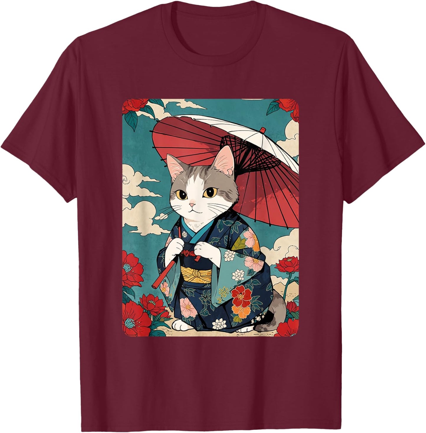 Cute Geisha Cat Japanese Cat Retro Neko Vintage Art Ukiyo-e Men Women Girls Kids T-Shirt - T-Shirt | Maroon