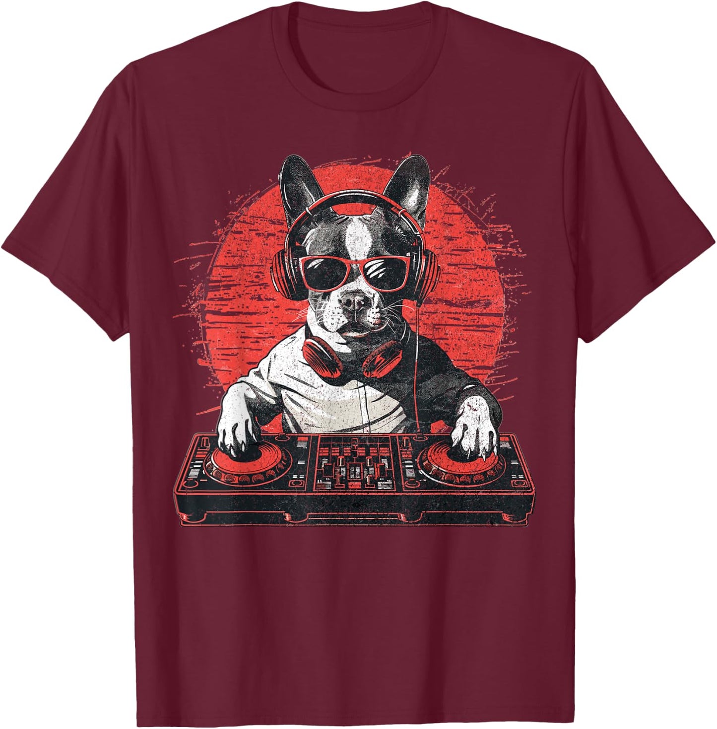 Funny Retro House DJ Boston Terrier Dog Disco Headphone Tech Women T-Shirt - T-Shirt | Maroon