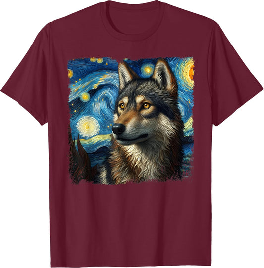 Wolf Starry Night Van Gogh Painting Wolves Lovers T-Shirt - T-Shirt | Maroon