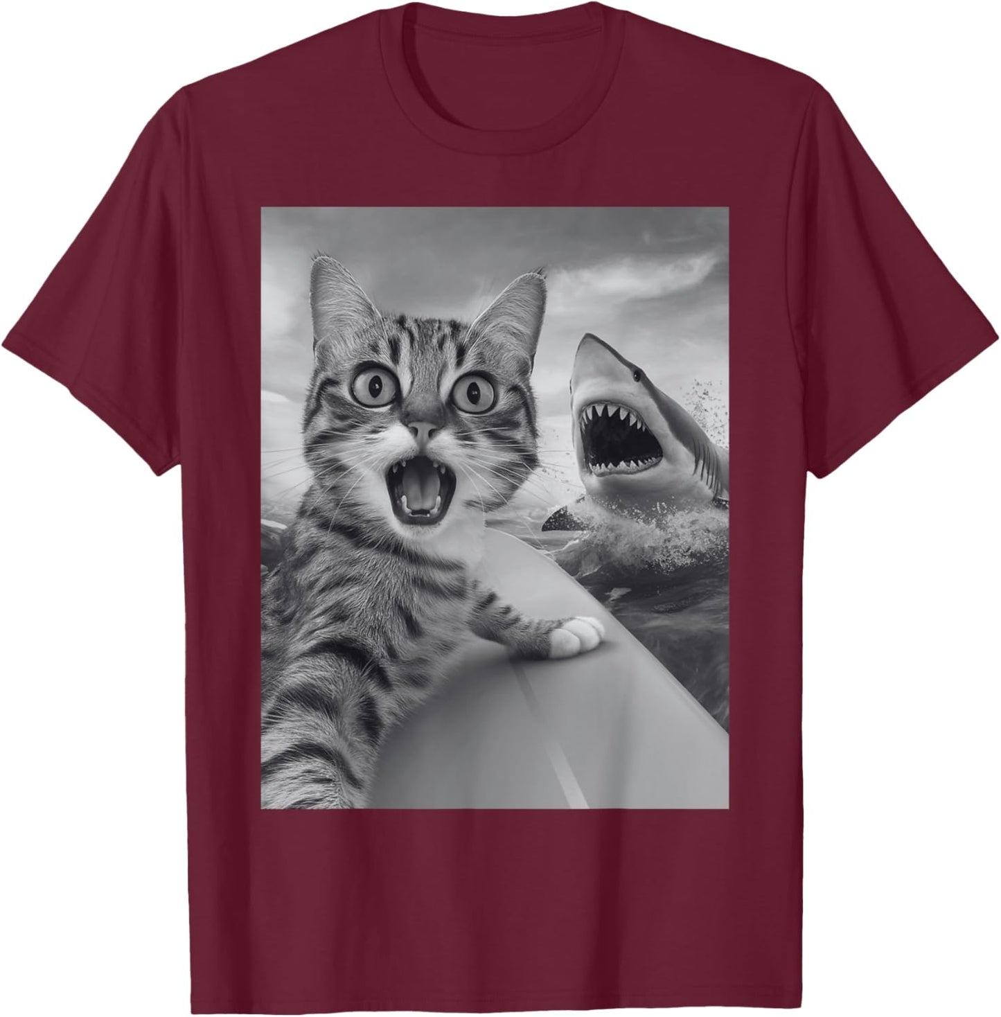 Funny Cat Selfie with Shark T-Shirt - T-Shirt | Maroon