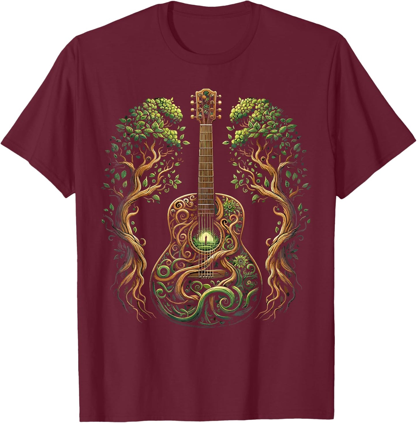 Acoustic Guitar Tree Nature Lover Guitarist Guitar Player T-Shirt - T-Shirt | Maroon