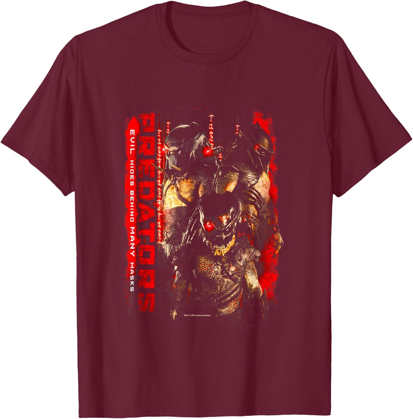 Aliens Iconic Predators Evil Hides Behind Many Mask Poster T-Shirt - T-Shirt | Maroon
