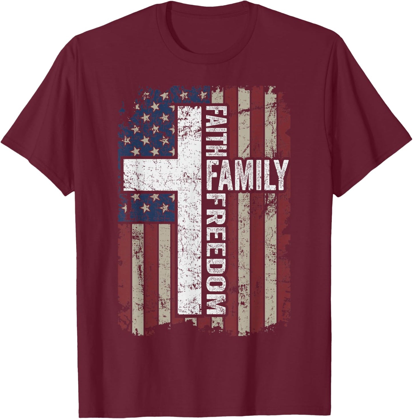 Faith Family Freedom - Patriotic Christian Vintage USA Flag T-Shirt - T-Shirt | Maroon