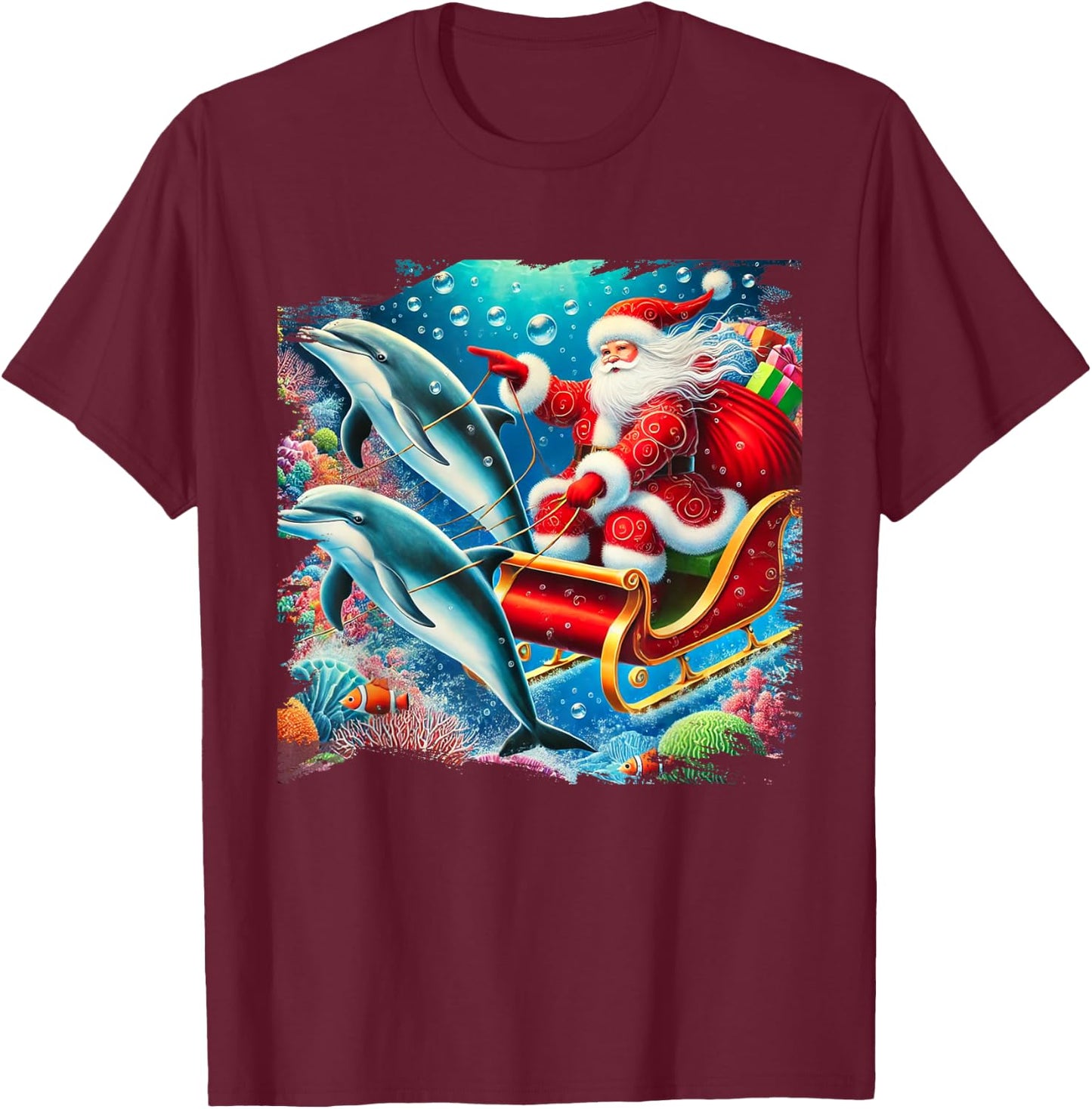 Santa Riding Dolphin Reindeer, Ocean Christmas T-Shirt - T-Shirt | Maroon