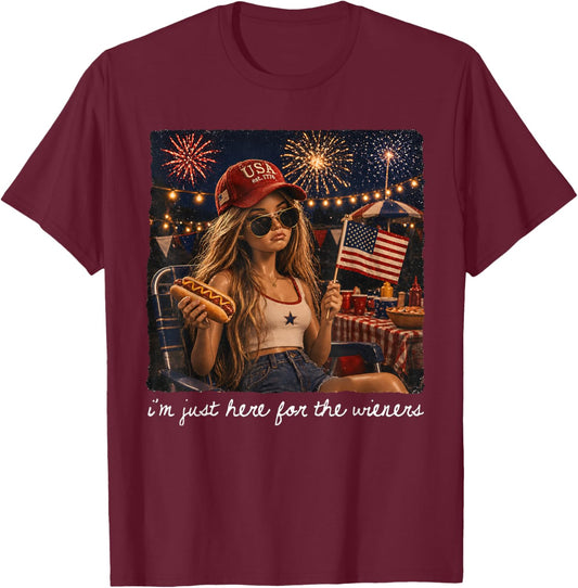 Just Here for The Wieners Funny 4th of July Meme Face Girl T-Shirt - T-Shirt | Maroon