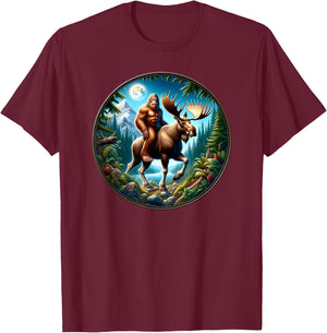 Bigfoot Riding a Moose, Sasquatch Cryptid Wilderness T-Shirt - T-Shirt | Maroon