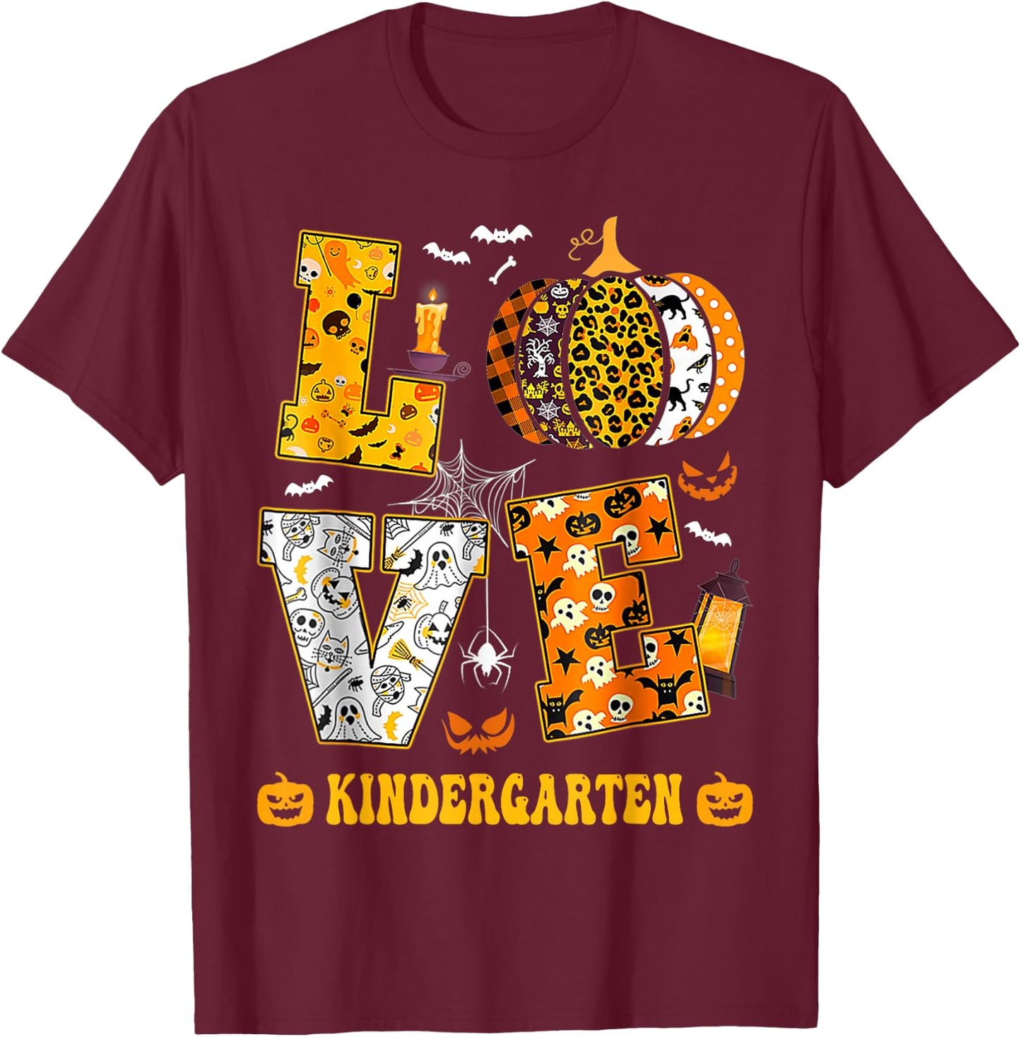 LOVE Kindergarten Pumpkin Teacher Student Halloween Costume T-Shirt - T-Shirt | Maroon