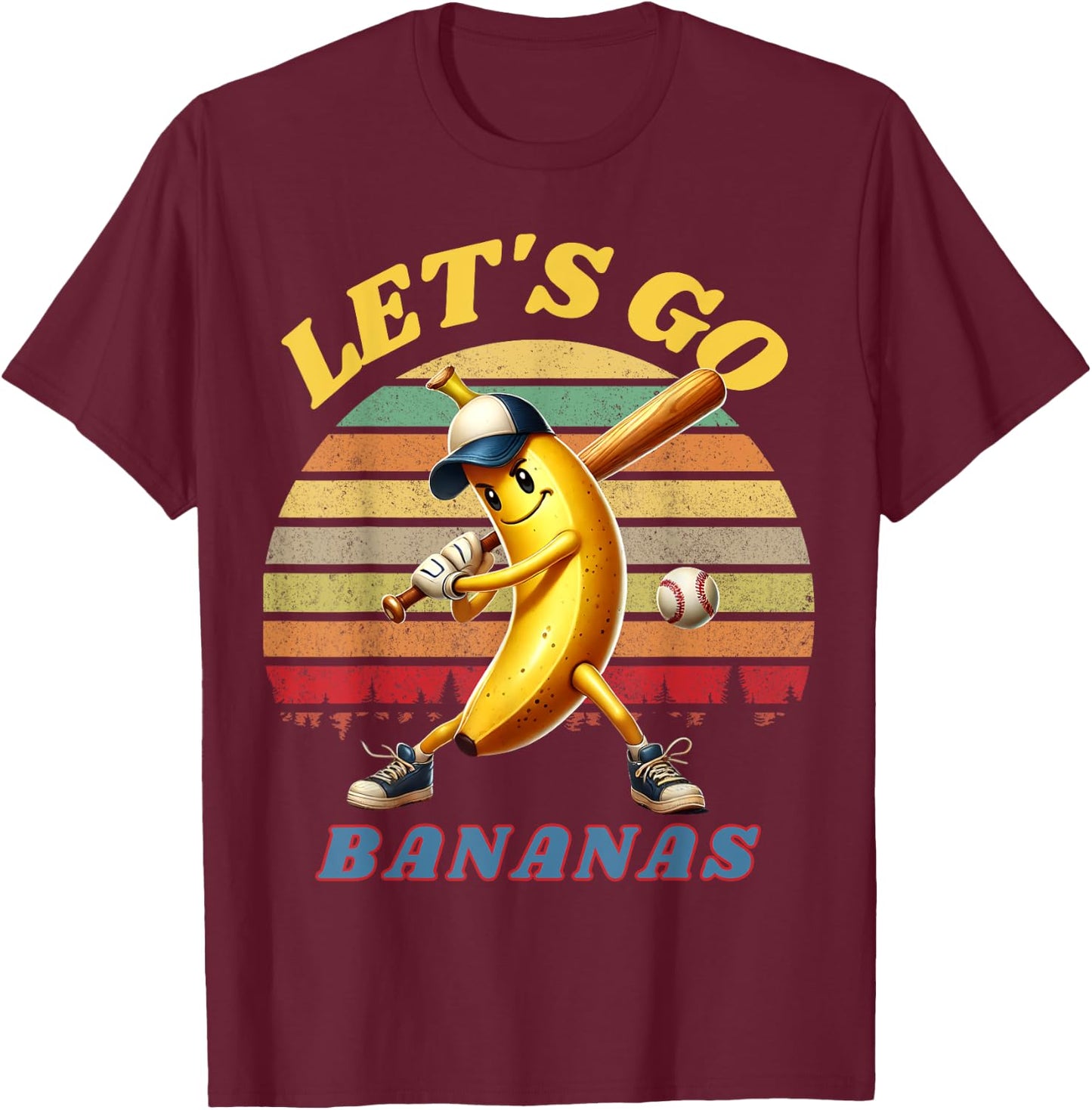 Lets Go Bananas Banana Playing Baseball Baseball Player Gift T-Shirt - T-Shirt | Maroon