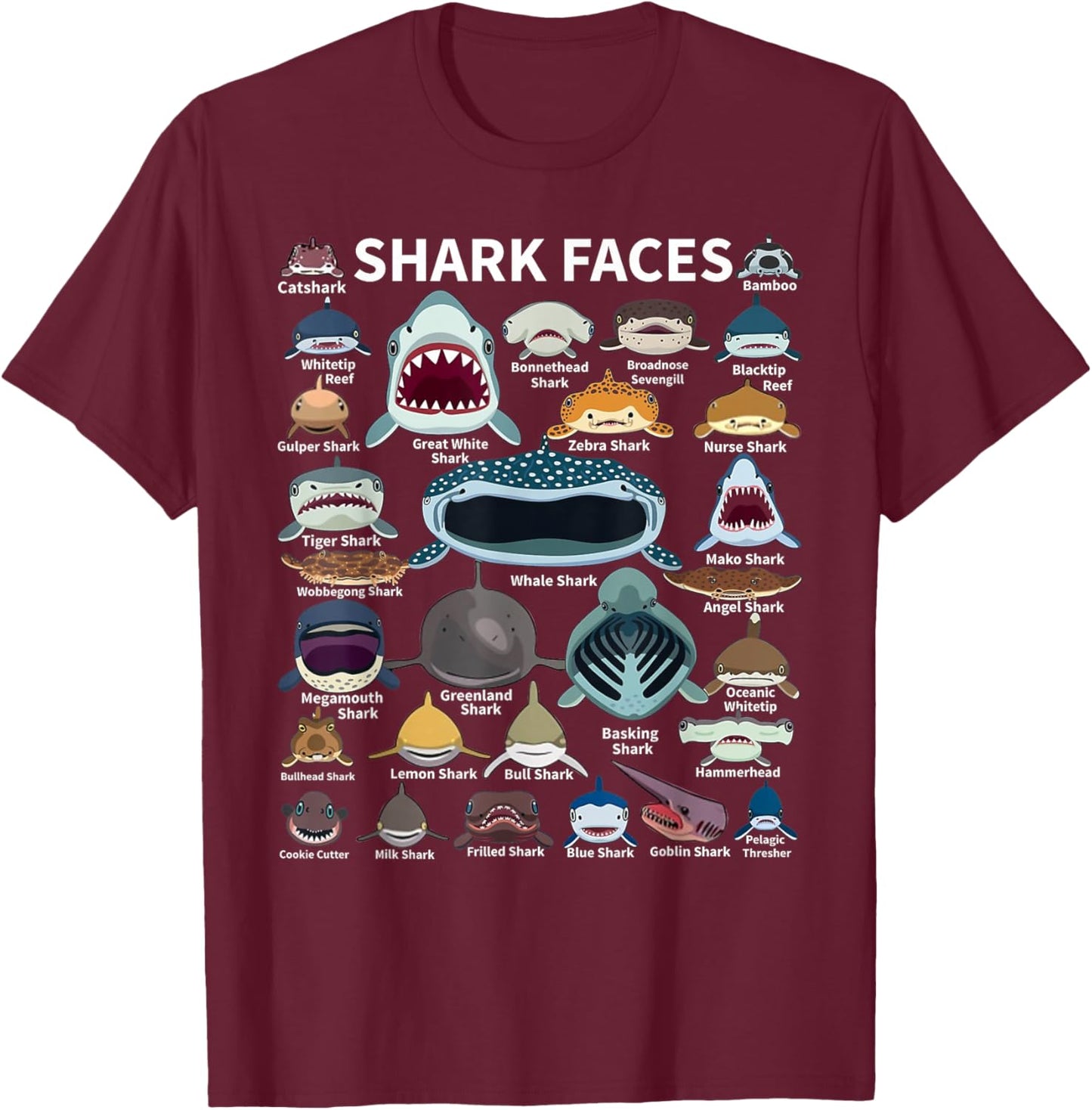 Shark Faces - Type of Shark - Shark Faces of All Kinds T-Shirt - T-Shirt | Maroon