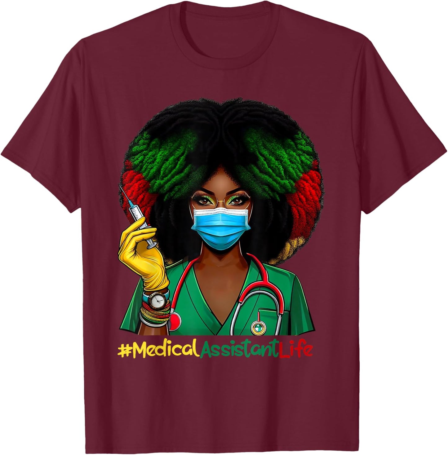 Medical Assistant Nurse Afro Woman Nursing Juneteenth T-Shirt - T-Shirt | Maroon