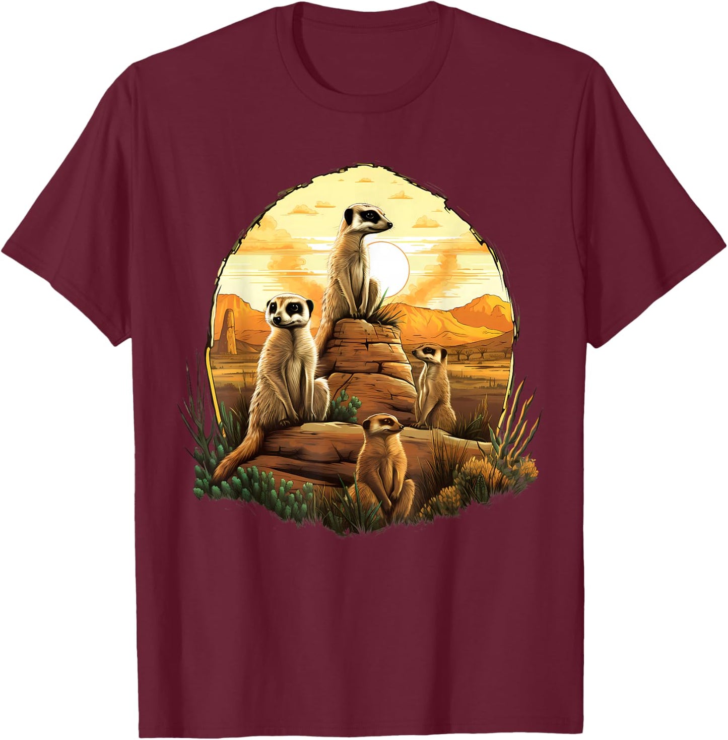 Meerkat Wildlife Savanna Sunset Artwork Colourful Drawing T-Shirt - T-Shirt | Maroon