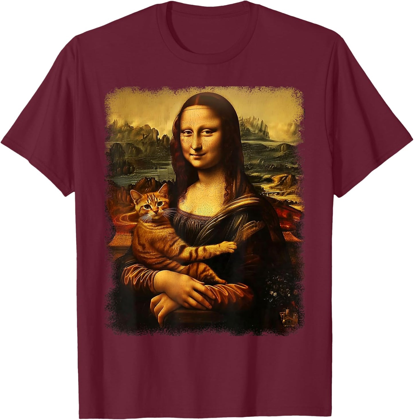 Mona Lisa With Cat Cat Print Black Small -Kids -Adults Short Sleeve T-Shirt - T-Shirt | Maroon