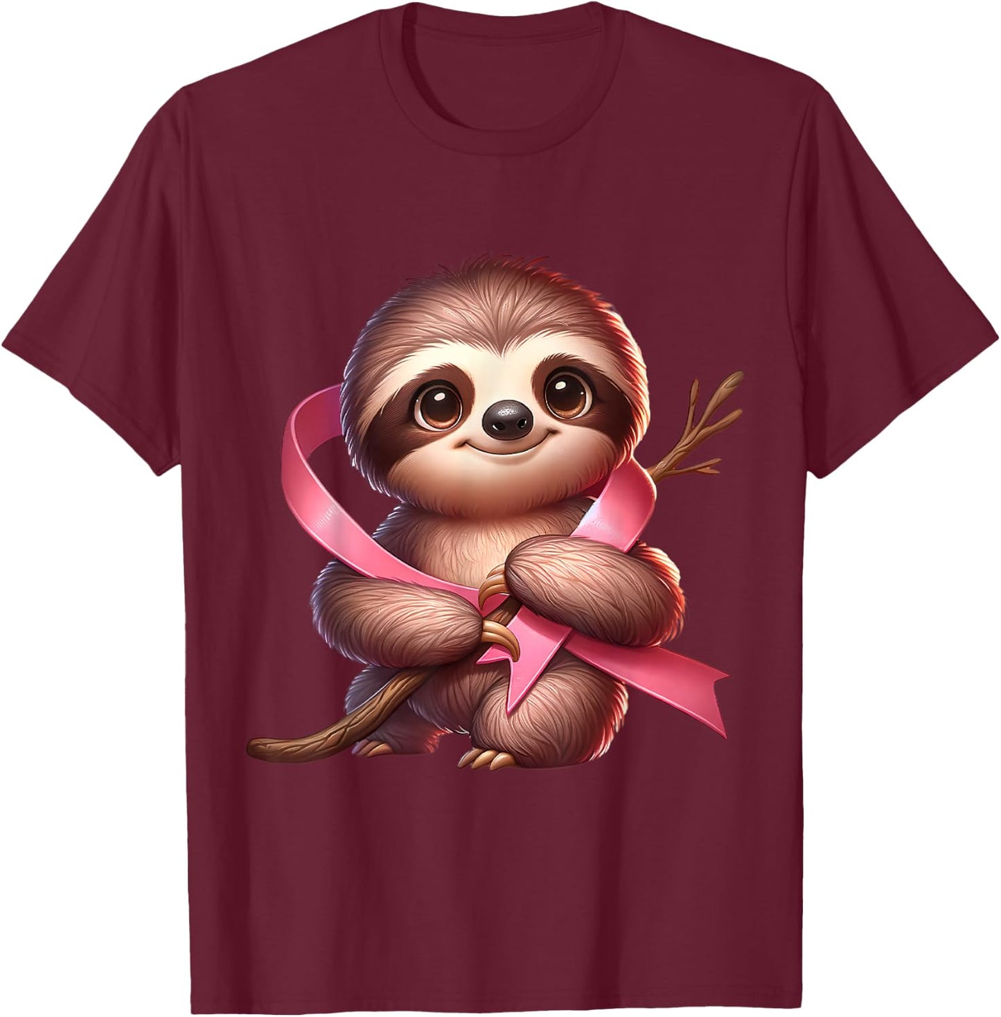 Breast Cancer Awareness Cute Sloth Pink Ribbon Animal T-Shirt - T-Shirt | Maroon