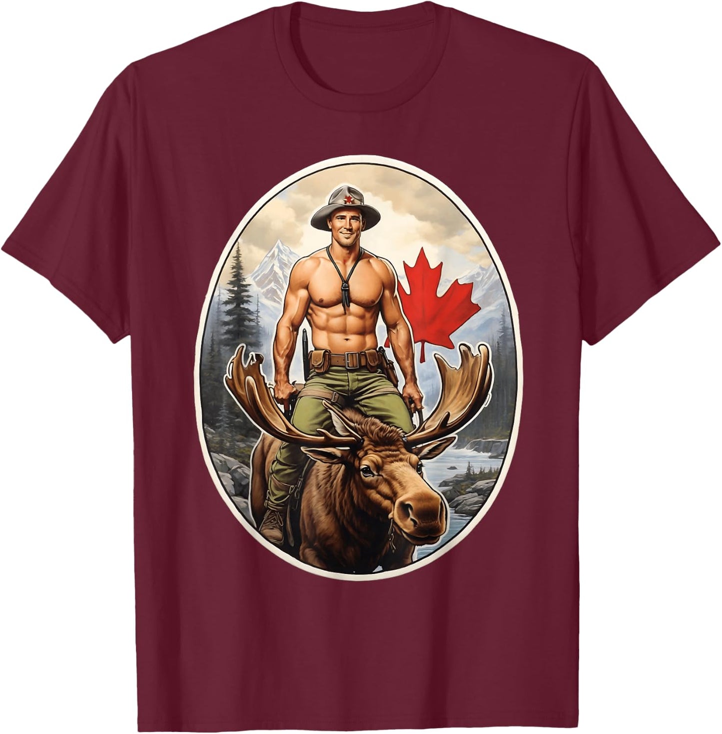 Canadian Mountie Adventure - Shirtless Rider Majestic Moose T-Shirt - T-Shirt | Maroon