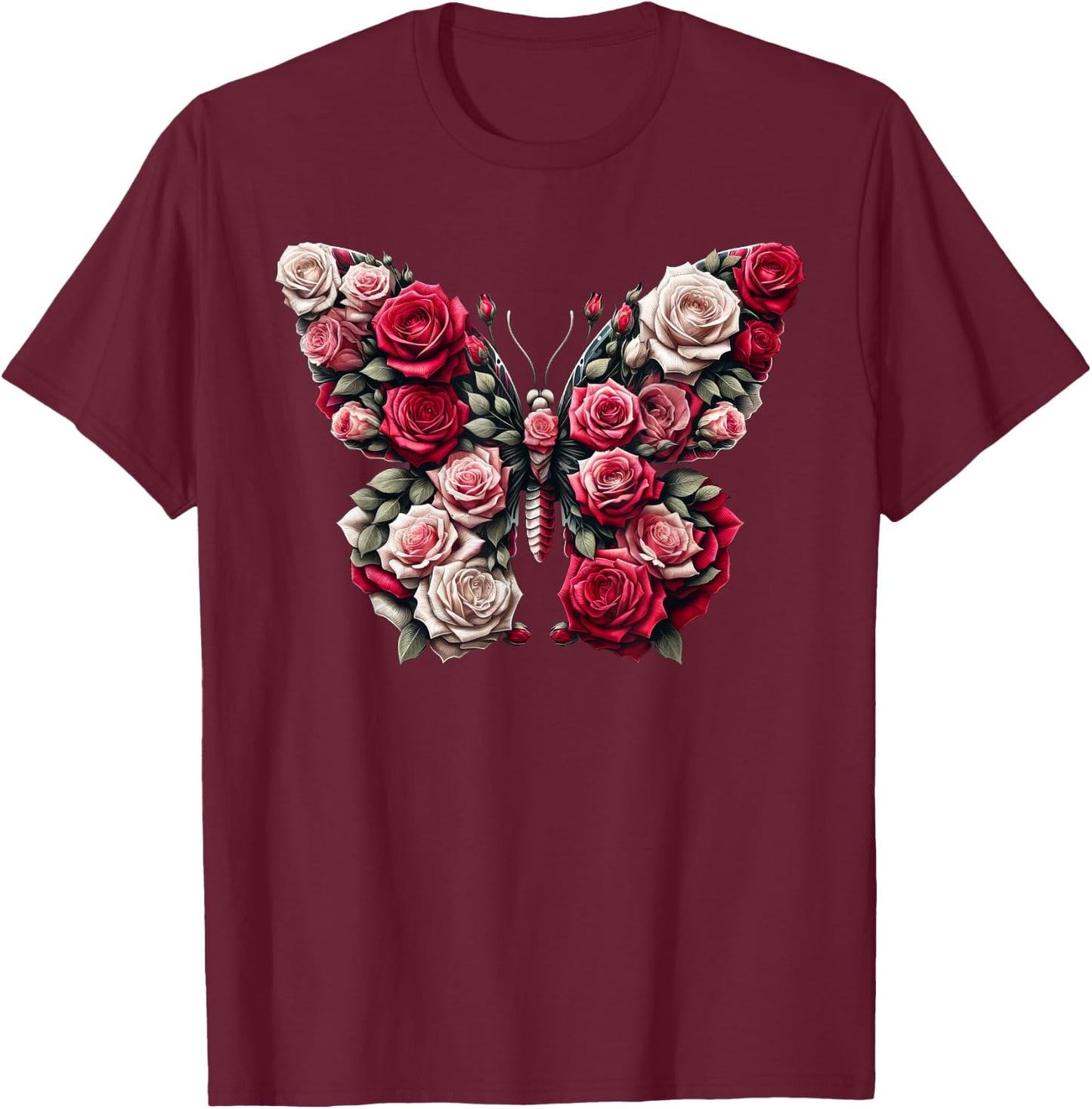 Rose Butterfly Flower Gardening Floral T-Shirt - T-Shirt | Maroon