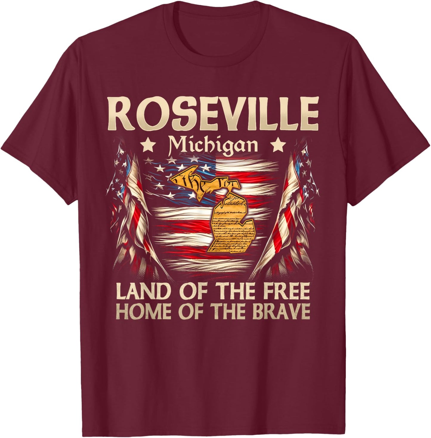 Roseville Michigan USA Flag 4th Of July T-Shirt - T-Shirt | Maroon