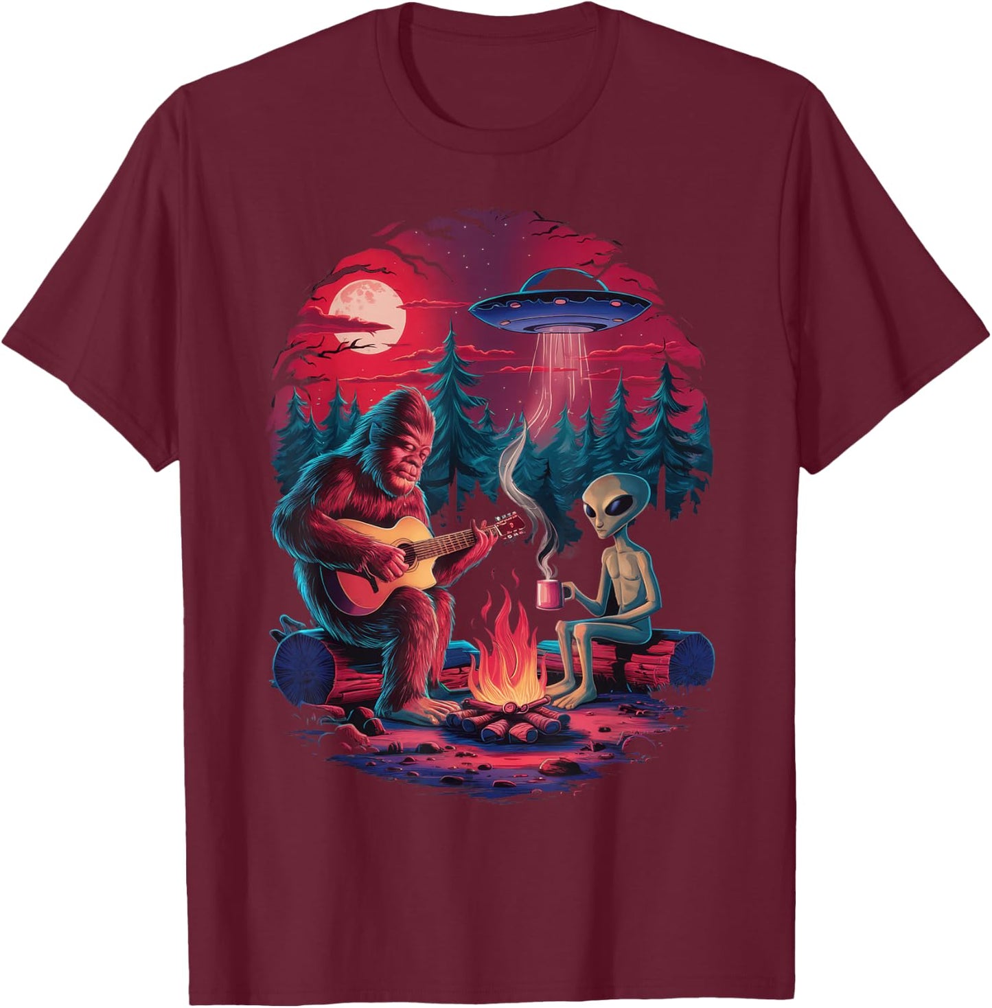 Funny Alien and Bigfoot Campfire Moon UFO Adventure Hiking T-Shirt - T-Shirt | Maroon