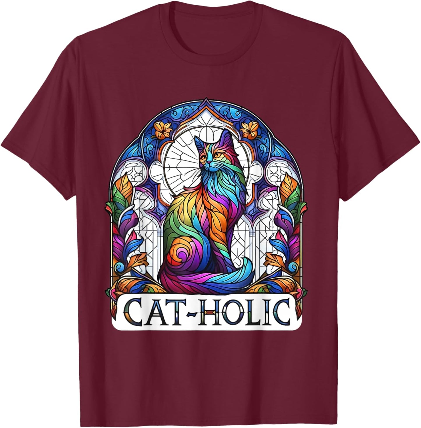 Cat-holic. Funny Catholic. Stained Glass Cat. T-Shirt - T-Shirt | Maroon