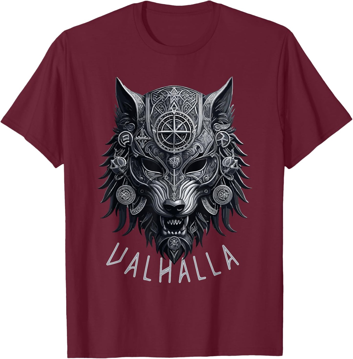 Valhalla Wolf Mask Odin Runes Norse Compass Viking Men Women T-Shirt - T-Shirt | Maroon