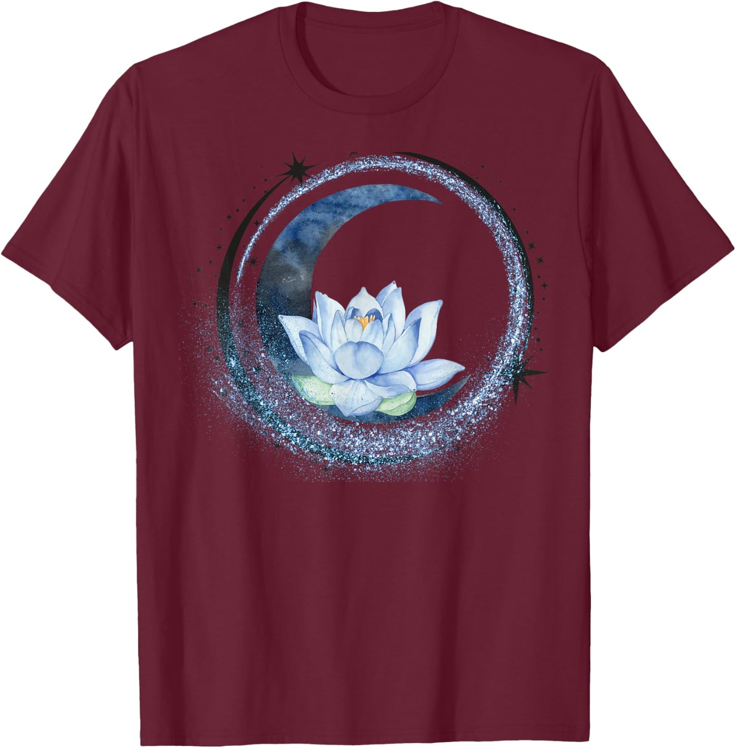 Crescent Moon and Circle of Stars with Lotus Flower Graphic T-Shirt - T-Shirt | Maroon