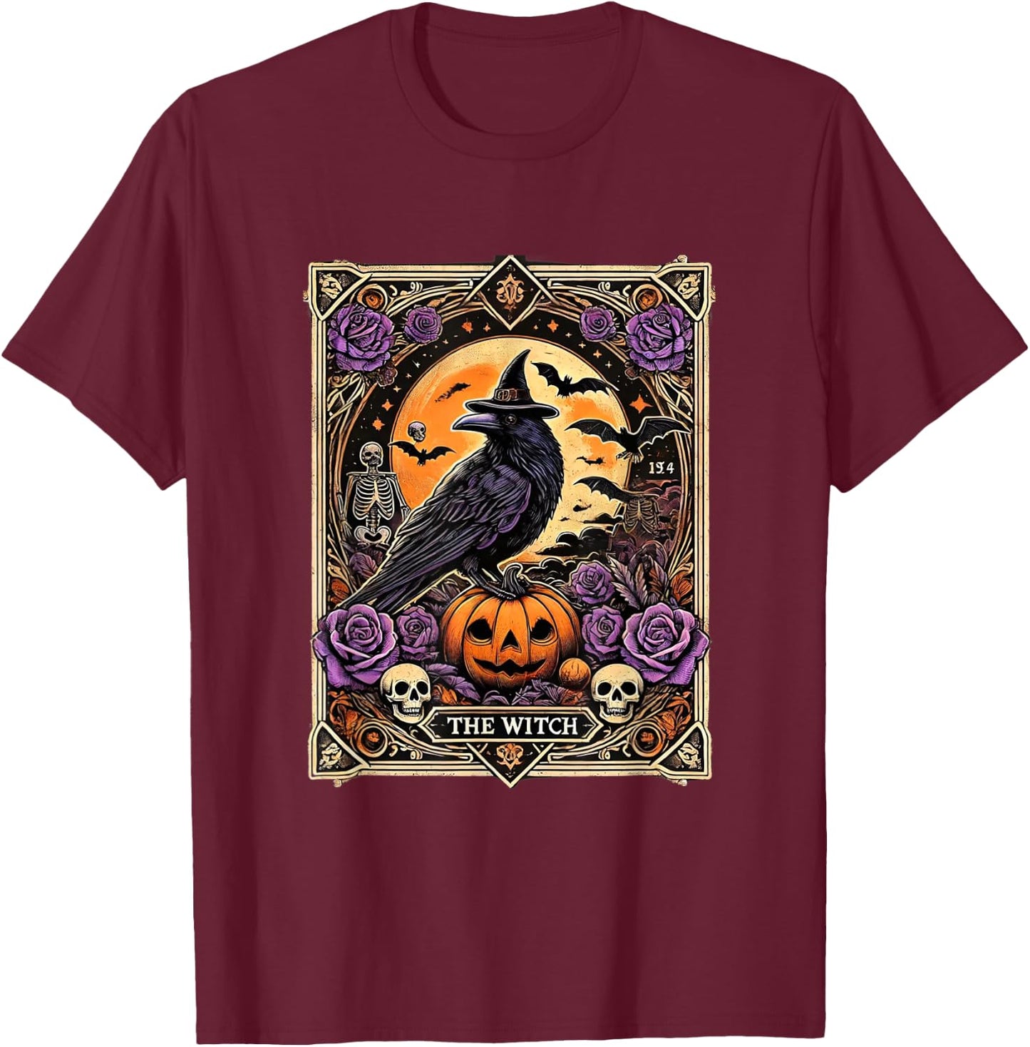 Vintage Gothic The Witch Black raven Tarot Card Halloween T-Shirt - T-Shirt | Maroon
