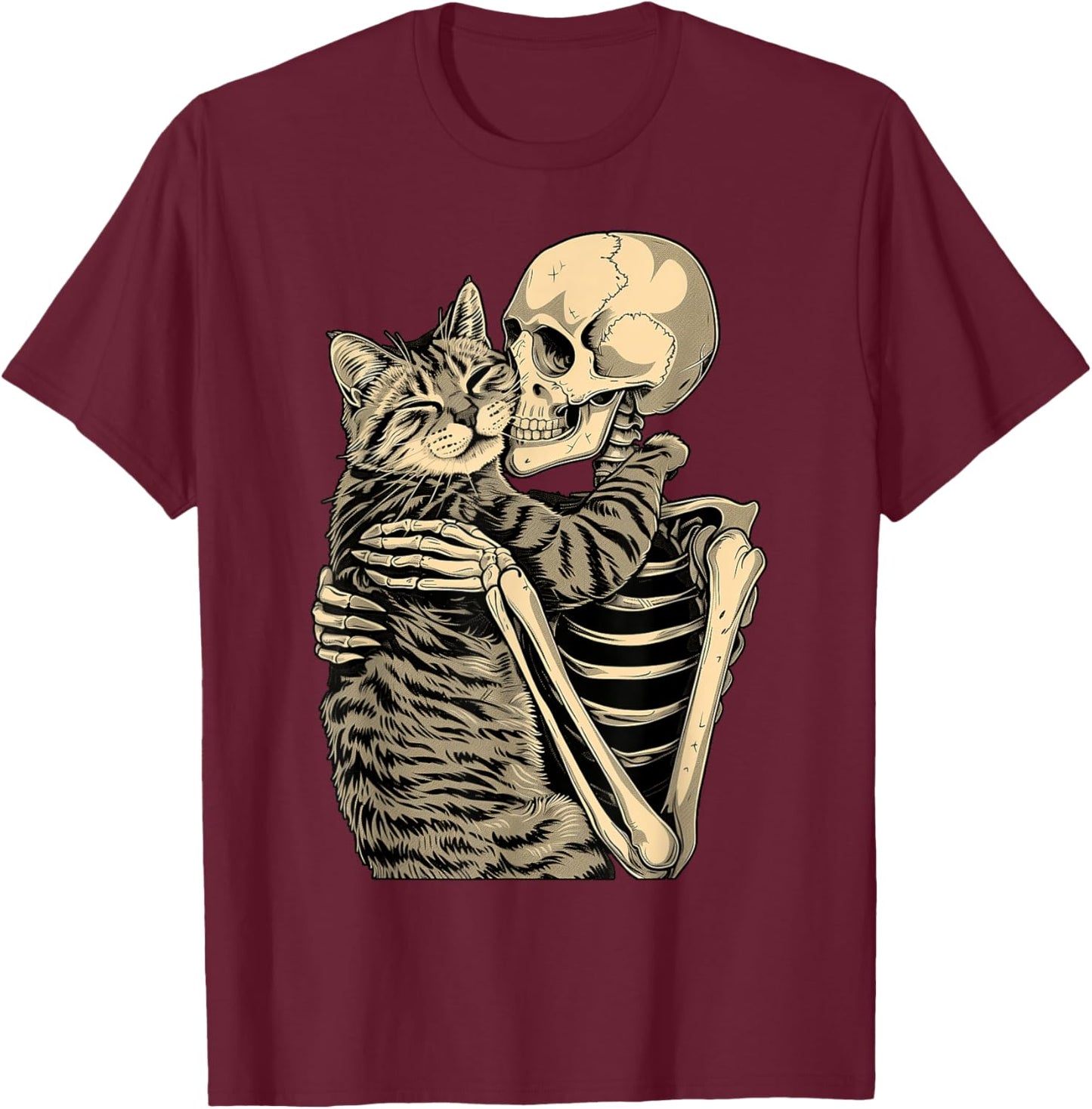 Skeleton Hugging Cat Halloween for Cat Lovers T-Shirt - T-Shirt | Maroon