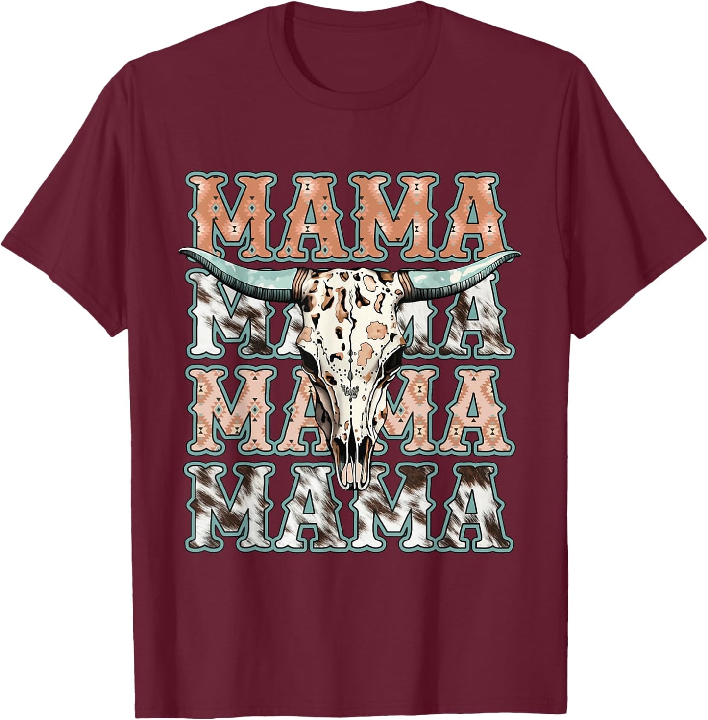 Mama Western Retro Groovy Cow Skull Country Rodeo Mother Day T-Shirt - T-Shirt | Maroon