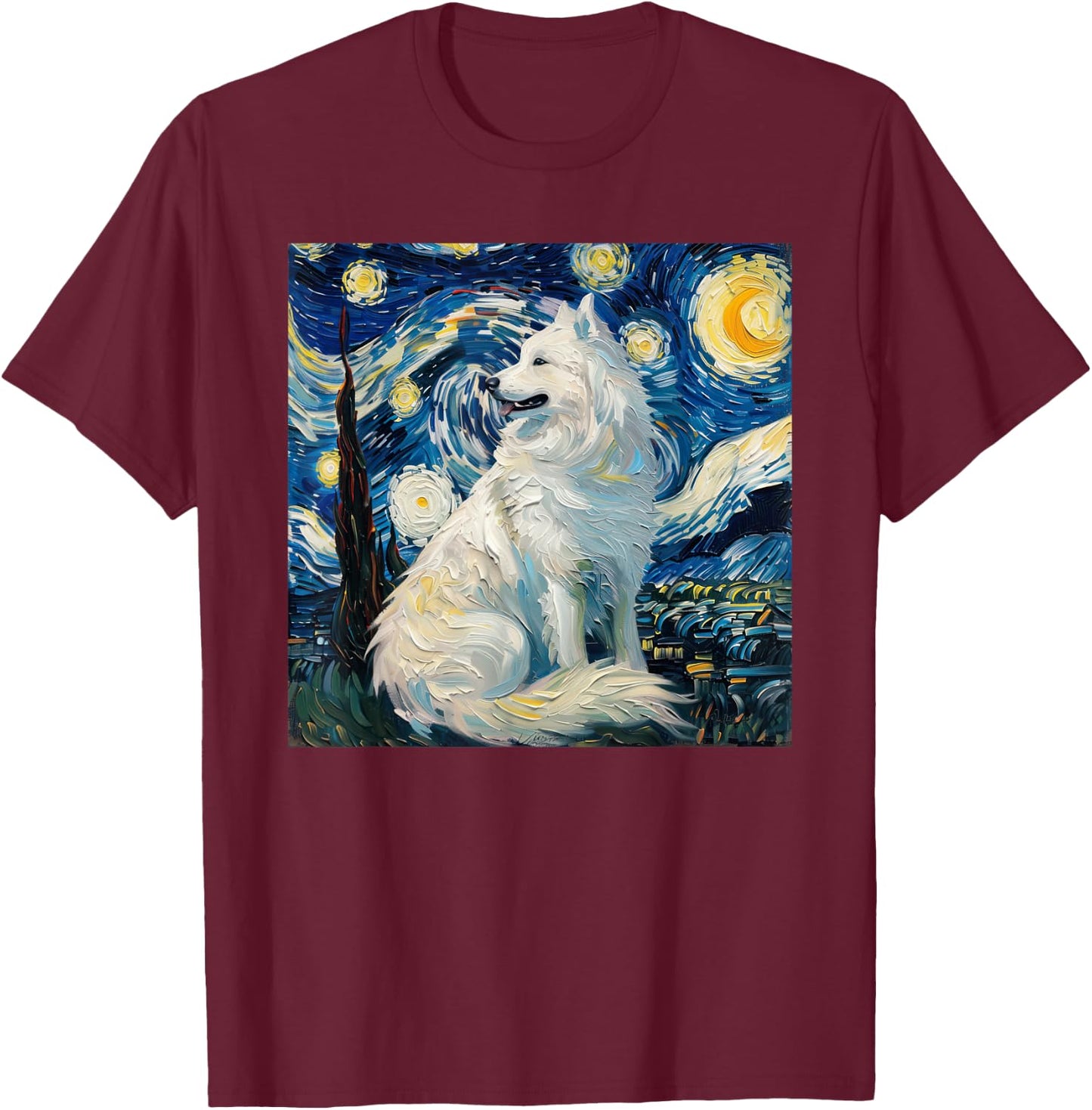 Samoyed Dog Van Gogh Starry Night T-Shirt - T-Shirt | Maroon