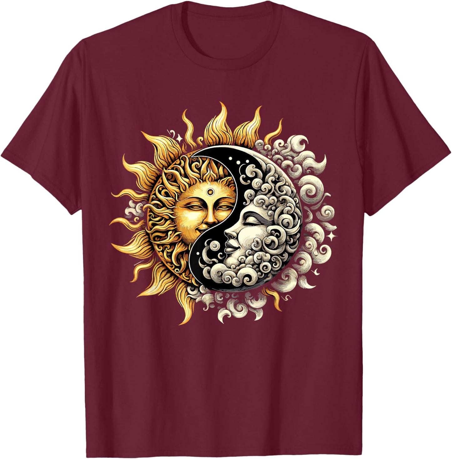 Sun and Moon Yin Yang T-Shirt - T-Shirt | Maroon