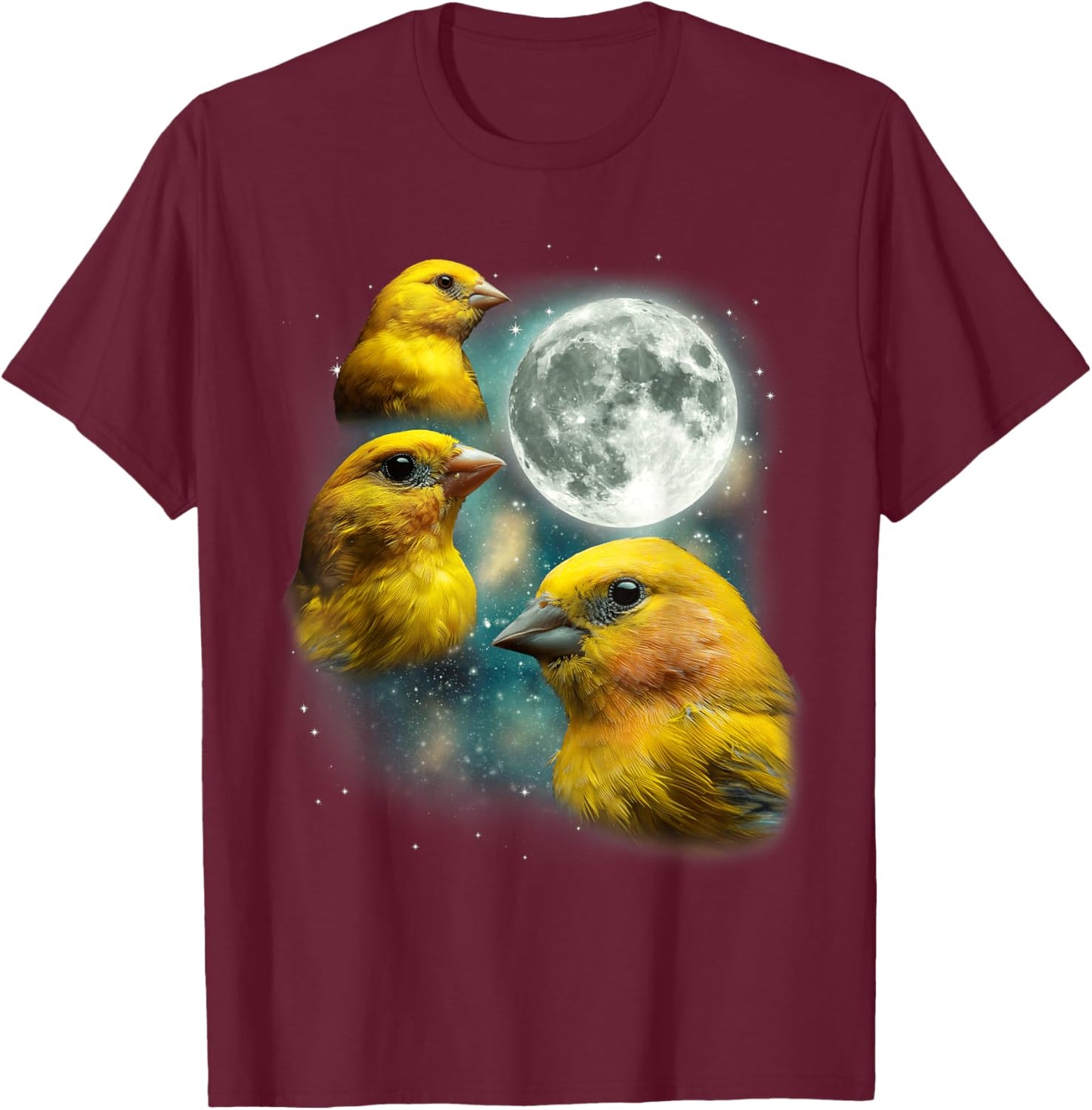 Three Canary Moon | 3 Canaries On A Magical Night Cute Bird T-Shirt - T-Shirt | Maroon