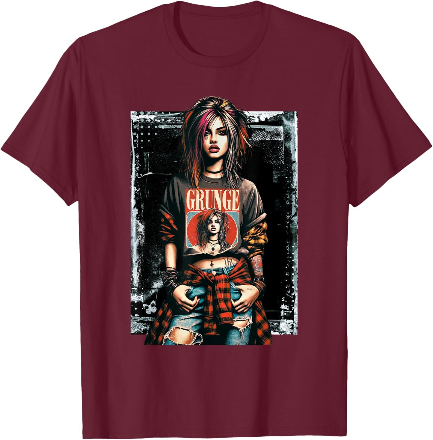 Punk Grunge Girl Graffiti 90s Retro Distressed Vintage T-Shirt - T-Shirt | Maroon