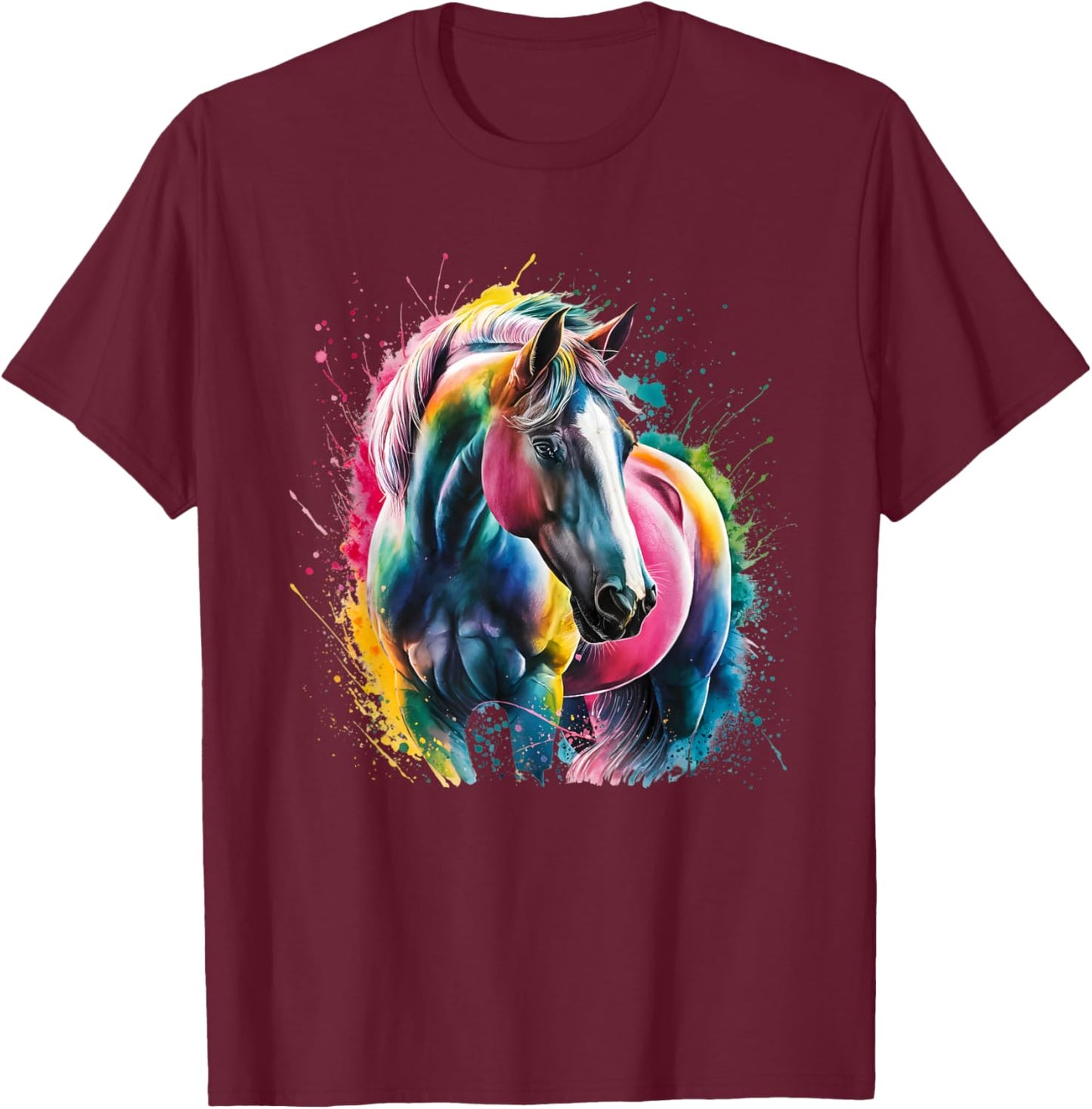 Horse Men Women Colourful Watercolour Horse T-Shirt - T-Shirt | Maroon