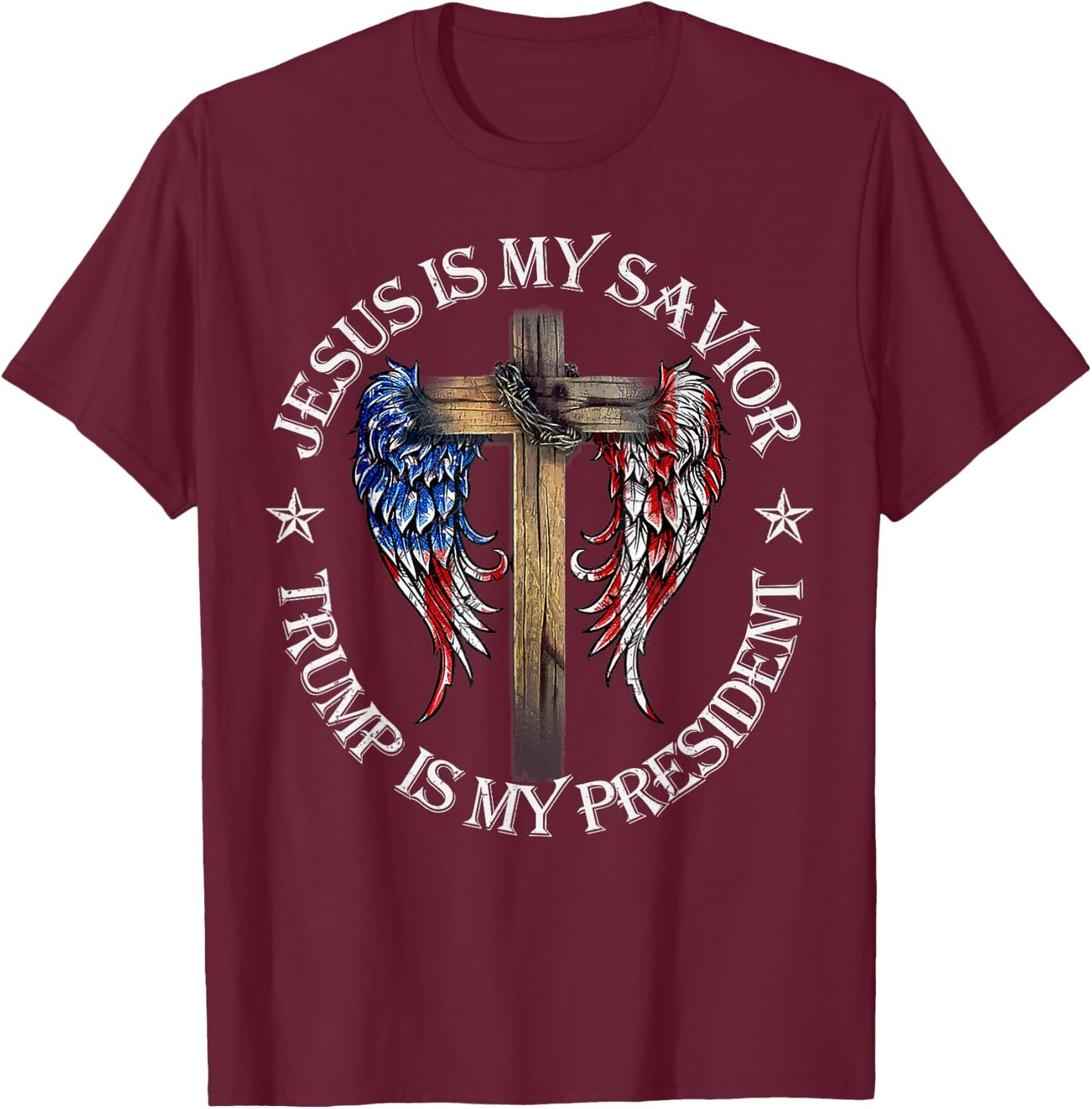 Jesus is My Savior Trump is My President 2024 USA Flag Cross T-Shirt - T-Shirt | Maroon