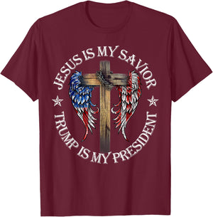 Jesus is My Savior Trump is My President 2024 USA Flag Cross T-Shirt - T-Shirt | Maroon