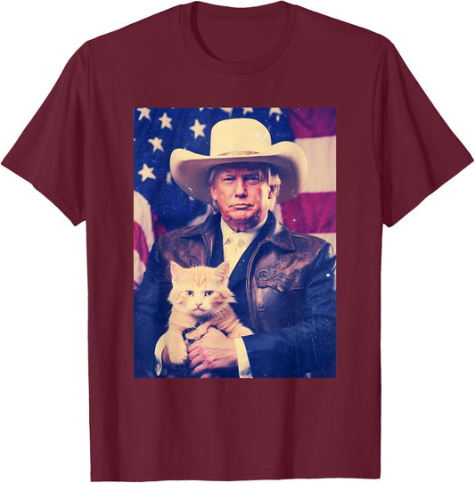 Trump Cat Shirt Funny Cowboy Donald Trump 2024 American Flag T-Shirt - T-Shirt | Maroon